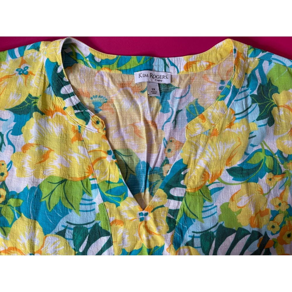 KIM ROGERS Womens Yellow Floral Tropical V-Neck Blouse 2X Flowy Airy Boho Artsy - Picture 6 of 9